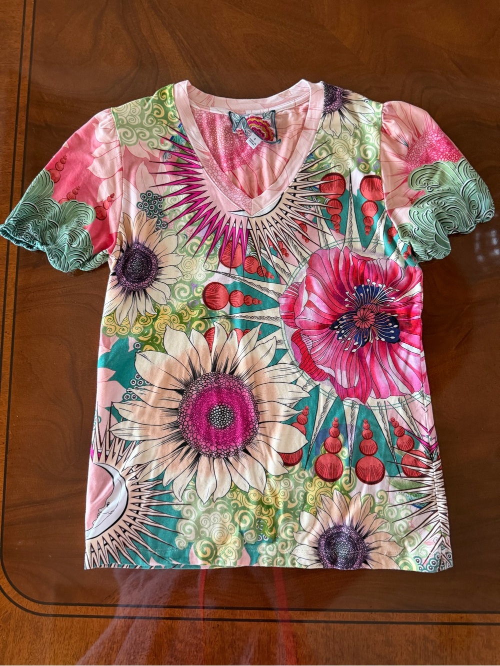Johnny Was Pink, Green & Teal Floral V-Neck Tee